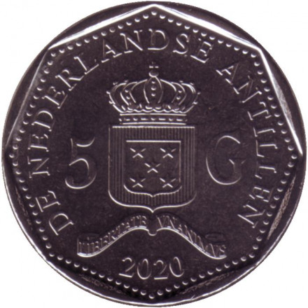 Монета 5 гульденов. 2020 год, Нидерландские Антильские острова. 10 лет значительной автономии Кюрасао и Синт-Мартена.