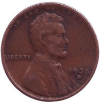 Линкольн. Монета 1 цент. 1935 год (D), США.