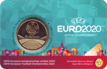 Монета 2,5 евро. 2021 год, Бельгия. (Надпись: Belgique). Чемпионат Европы по футболу UEFA EURO 2020.