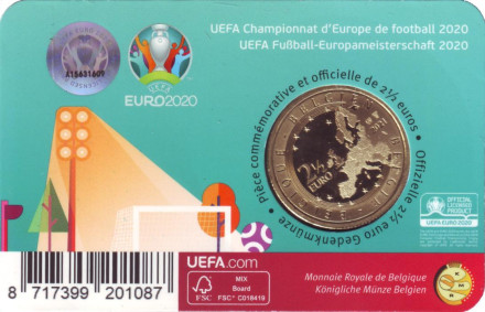 Монета 2,5 евро. 2021 год, Бельгия. (Надпись: Belgique). Чемпионат Европы по футболу UEFA EURO 2020. Монета 2,5 евро. 2021 год, Бельгия. (Надпись: Belgique). Чемпионат Европы по футболу UEFA EURO 2020.