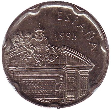 Монета 50 песет. 1995 год, Испания. Ворота Алькала.