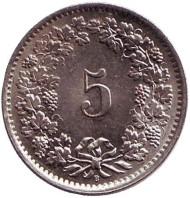 Монета 5 раппенов. 1969 год, Швейцария. Монета 5 раппенов. 1969 год, Швейцария.