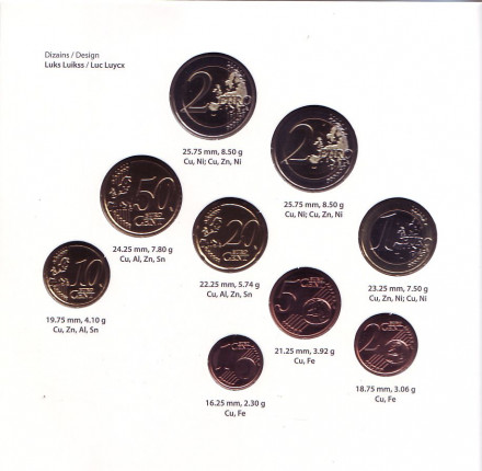 Корова. Набор монет евро в буклете (9 шт.), 2016 год, Латвия. Корова. Набор монет евро в буклете (9 шт.), 2016 год, Латвия.