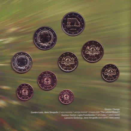 Корова. Набор монет евро в буклете (9 шт.), 2016 год, Латвия. Корова. Набор монет евро в буклете (9 шт.), 2016 год, Латвия.