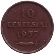 Монета 10 чентезимо. 1937 год, Сан-Марино. Монета 10 чентезимо. 1937 год, Сан-Марино.