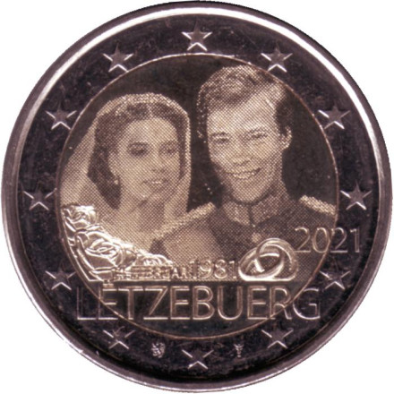 Монета 2 евро. 2021 год, Люксембург. (Гравировка). 40 лет бракосочетанию Великого Герцога Анри и Великой Герцогини Марии-Терезы.