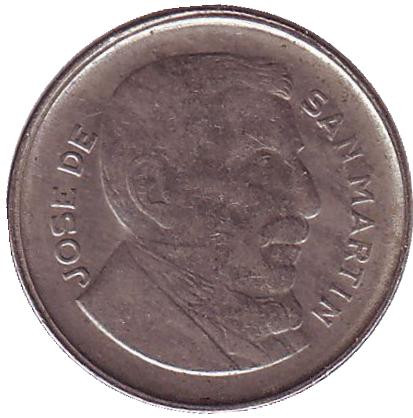 Монета 10 сентаво. 1954 год, Аргентина. Генерал Хосе де Сан-Мартин.