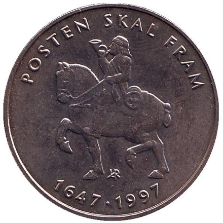 Монета 5 крон. 1997 год, Норвегия. 350 лет почтовой службе Норвегии.