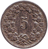 Монета 5 раппенов. 1901 год, Швейцария. Монета 5 раппенов. 1901 год, Швейцария.