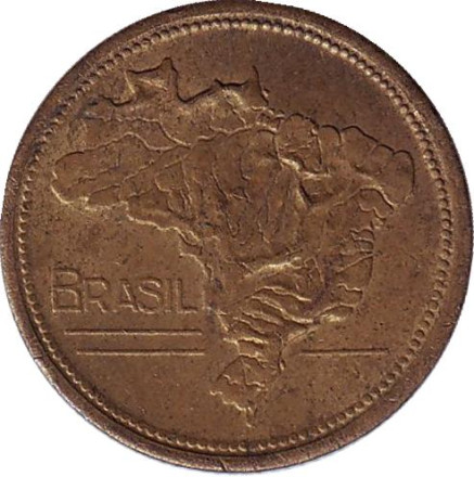Монета 1 крузейро. 1949 год, Бразилия. Карта Бразилии.