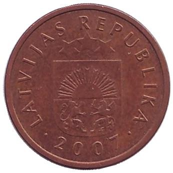 Монета 1 сантим. 2007 год, Латвия. Из обращения.
