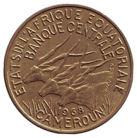 Монета 5 франков. 1968 год, Камерун.