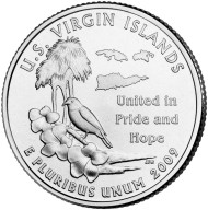 Монета 25 центов (D). 2009 год, США. Штат № 55. Американские Виргинские острова. Монета 25 центов (D). 2009 год, США. Штат № 55. Американские Виргинские острова.