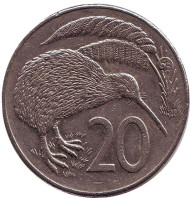 Монета 20 центов. 1987 год, Новая Зеландия. Киви (птица). Монета 20 центов. 1987 год, Новая Зеландия. Киви (птица).