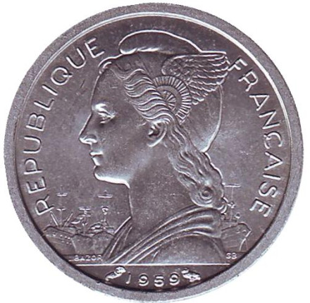 Монета 1 франк. 1959 год, Французский берег Сомали. Антилопа. Монета 1 франк. 1959 год, Французский берег Сомали. Антилопа.