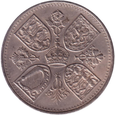 Монета 5 шиллингов (1 крона). 1953 год, Великобритания. Коронация Елизаветы II.