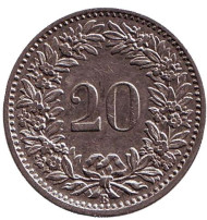 Монета 20 раппенов. 1901 год, Швейцария. Монета 20 раппенов. 1901 год, Швейцария.