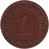 Монета 1 пфенниг. 1893 год (A), Германская империя. Монета 1 пфенниг. 1893 год (A), Германская империя.