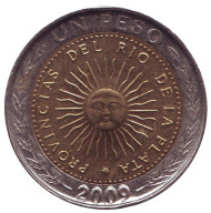 Монета 1 песо. 2009 год, Аргентина. Без отметки монетного двора. Монета 1 песо. 2009 год, Аргентина. Без отметки монетного двора.