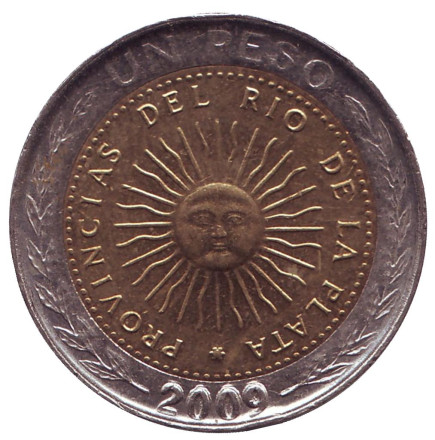 Монета 1 песо. 2009 год, Аргентина. Тип 2.