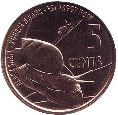 Монета 5 центов. 2016 год, Сейшельские острова. Чёрная улитка.