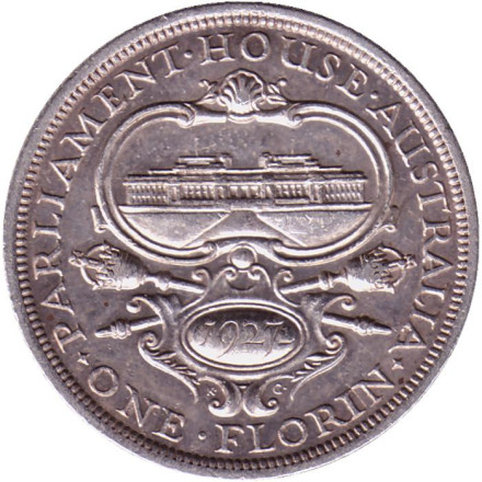 Монета 2 шиллинга (флорин). 1927 год, Австралия. Открытие здания парламента в Канберре.