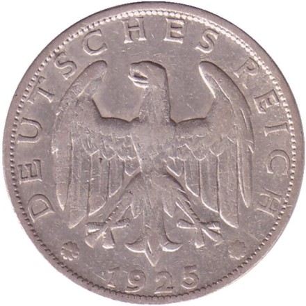 Монета 1 рейхсмарка. 1925 год (А), Веймарская республика. Монета 1 рейхсмарка. 1925 год (А), Веймарская республика.