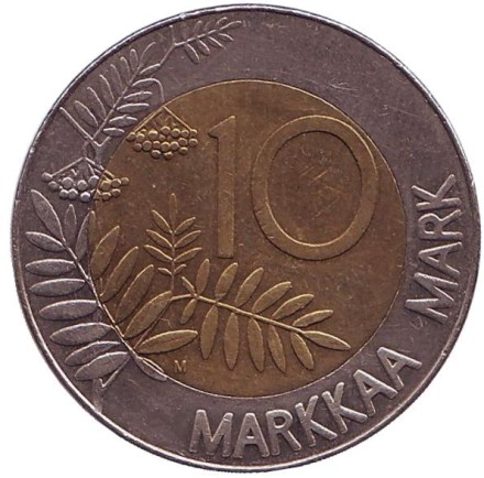 Монета 10 марок. 1996 год, Финляндия. Глухарь. Монета 10 марок. 1996 год, Финляндия. Глухарь.