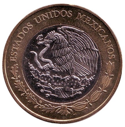 Монета 20 песо. 2010 год, Мексика. UNC. 20 лет присуждения Нобелевской премии по литературе Октавио Пасу.