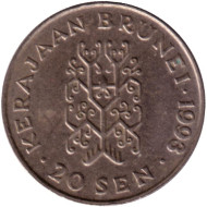 Монета 20 сен. 1993 год, Бруней. Султан Хассанал Болкиах.