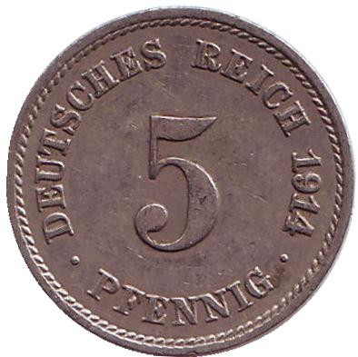 Монета 5 пфеннигов. 1914 год (F), Германская империя.