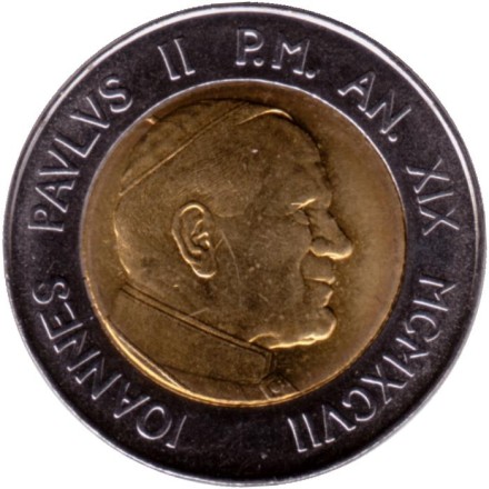 Монета 500 лир. 1997 год, Ватикан. Прими мир и Спасение.