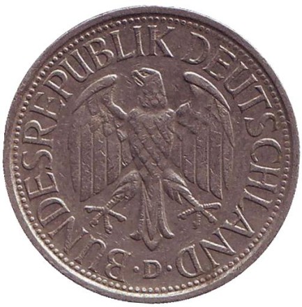 Монета 1 марка. 1977 год (D), ФРГ. Монета 1 марка. 1977 год (D), ФРГ.