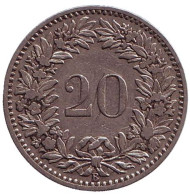 Монета 20 раппенов. 1894 год, Швейцария. Монета 20 раппенов. 1894 год, Швейцария.