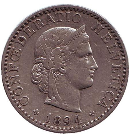 Монета 20 раппенов. 1894 год, Швейцария.