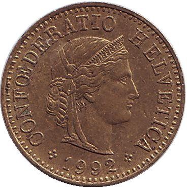 Монета 5 раппенов. 1992 год, Швейцария. Монета 5 раппенов. 1992 год, Швейцария.