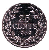 Монета 25 центов. 1969 год, Либерия. Proof.