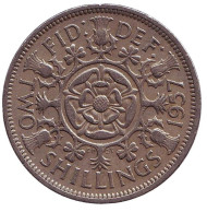 Монета 2 шиллинга. 1957 год, Великобритания. Монета 2 шиллинга. 1957 год, Великобритания.