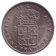 Монета 2 кроны. 1971 год, Швеция. Густав VI Адольф. Монета 2 кроны. 1971 год, Швеция. Густав VI Адольф.