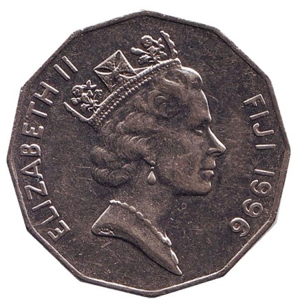 Монета 50 центов. 1996 год, Фиджи. Фиджийское каноэ Такиа (Каунитони).