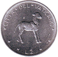 Ягненок. Монета 2 лиры. 1972 год, Ватикан. 