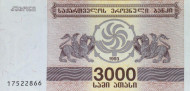 Банкнота 3000 купонов (лари). 1993 год, Грузия.