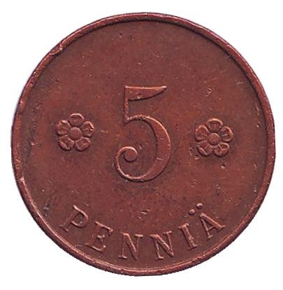 Монета 5 пенни. 1918 год, Финляндия. "Трубы".