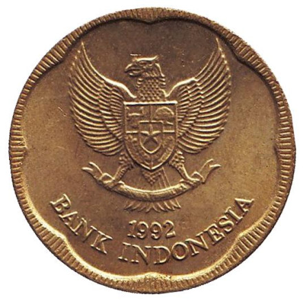 Монета 500 рупий. 1992 год, Индонезия. Цветок жасмина. Монета 500 рупий. 1992 год, Индонезия. Цветок жасмина.