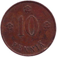 Монета 10 пенни. 1937 год, Финляндия. Монета 10 пенни. 1937 год, Финляндия.