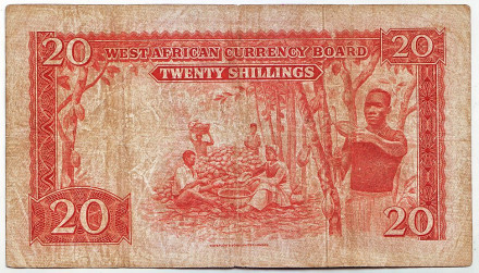 Банкнота 20 шиллингов. 1955 год, Британская Западная Африка. Банкнота 20 шиллингов. 1955 год, Британская Западная Африка.