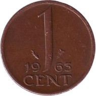 Монета 1 цент. 1963 год, Нидерланды. Монета 1 цент. 1963 год, Нидерланды.