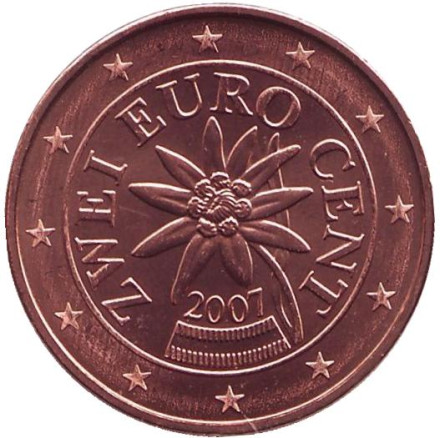 Монета 2 цента, 2007 год, Австрия.