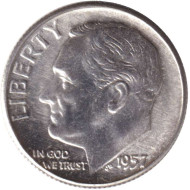 Монета 10 центов. 1957 год, США. Без обозначения монетного двора. Рузвельт. Монета 10 центов. 1957 год, США. Без обозначения монетного двора. Рузвельт.