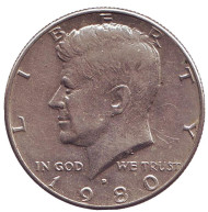 Монета 50 центов. 1980 год (D), США. Джон Кеннеди. Монета 50 центов. 1980 год (D), США. Джон Кеннеди.